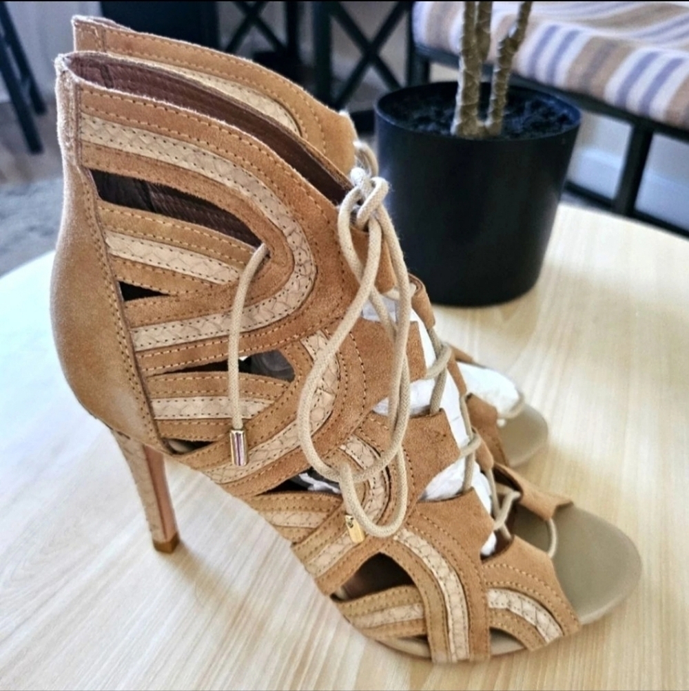 Joie Women Nude Suede Lace Up Heeled Sandals Open Toe Cutout Gladiator Heels Sz6 - Picture 3 of 11